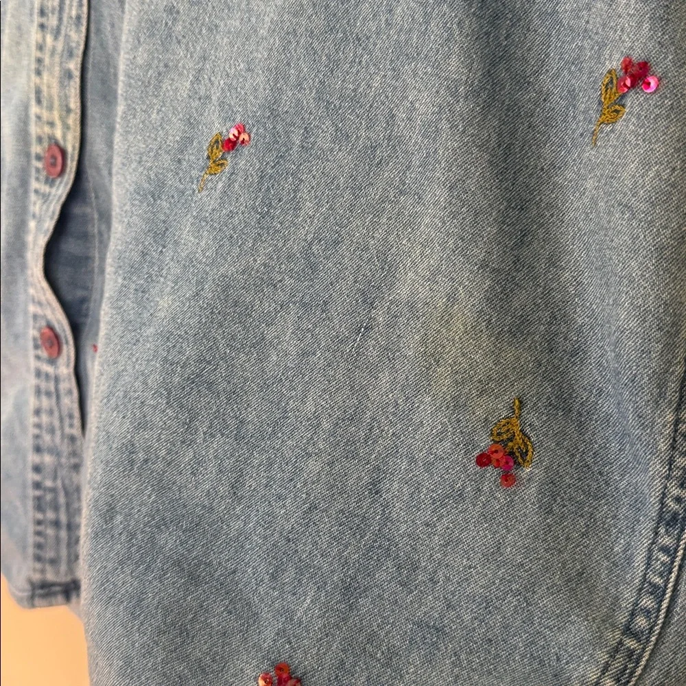 Vintage Lemon Grass Denim Short-Sleeve Shirt Embroidered florals XL - Picture 4 of 6